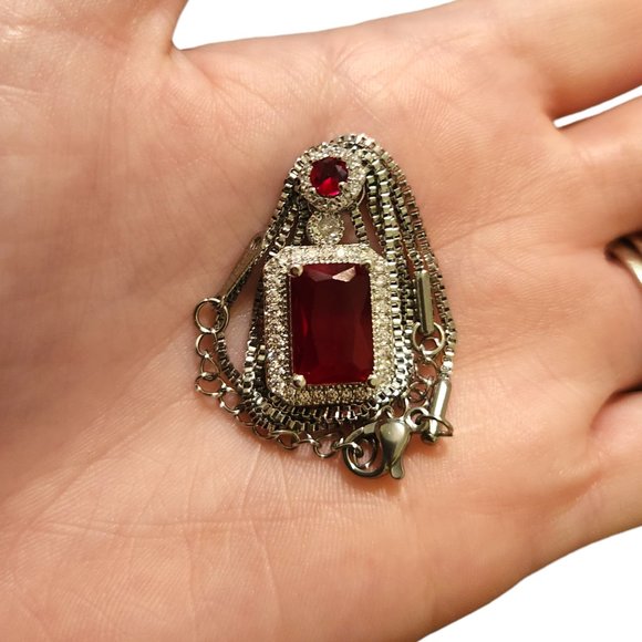 Ruby Pendant Necklace Silver Stainless Steel Emerald Cut Stone for Women - Picture 5 of 9